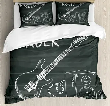 

Guitar Duvet Cover Set Love The Rock Music Themed Sketch Art Sound Box and Text on Chalkboard Bedding Set Charcoal Grey White