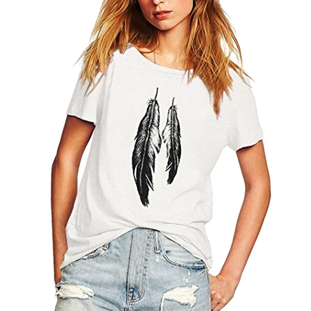 

Womens Summer Street Style Feather Pattern Casual Loose Tee Shirts Women Embroidery Print Female 11.15