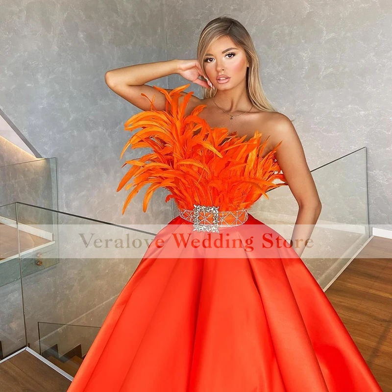 Orange Prom Dress Ball Gown Sweetheart African Black Girl Formal Evening Gowns with Feather Satin Vestidos De Part Gowns plus size prom dresses