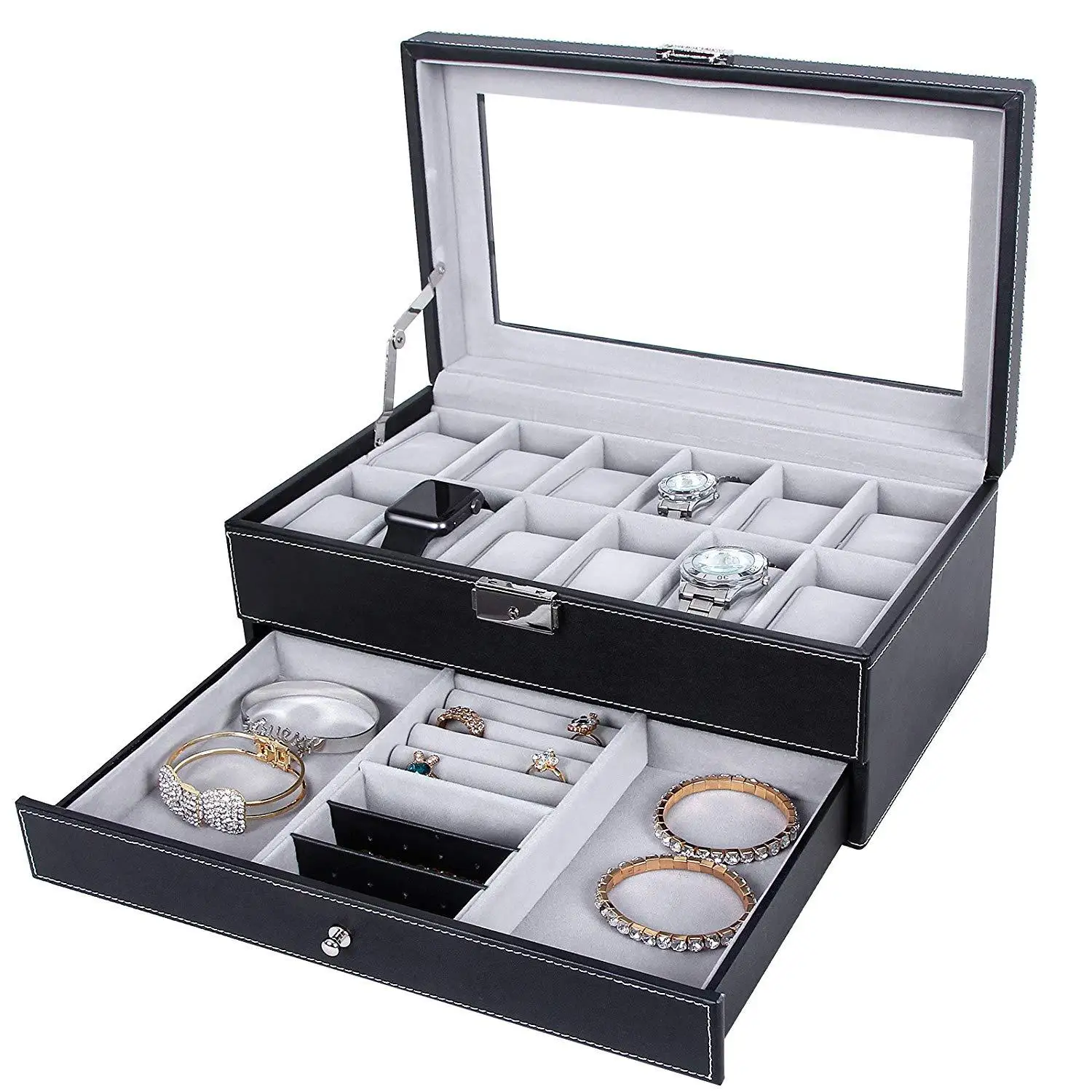

20 Double Layer Show Watch Box Grey Flannel Black And White with Pattern Leather Men Watch Box Customizable