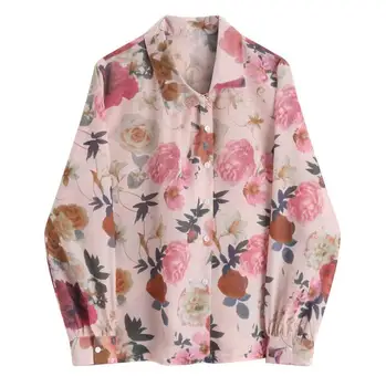 

Women's spring autumn long sleeve flower print chic shirt female plus size casual loose chiffon blouse top TB729