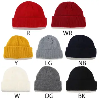 

Korean Minimalist Men Women Winter Knitted Round Top Skull Cap Solid Color Hip Hop Adjustable Brimless Roll Up Cuffed Beanie Hat