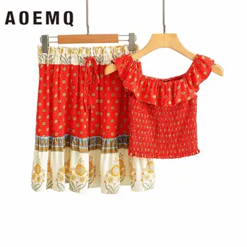

AOEMQ Fashion Women Sets Sleeveless Slash Collar Shirts&Sunflower Floral Print Skirts Sets Sweet Beach Lovers Sets for Summer