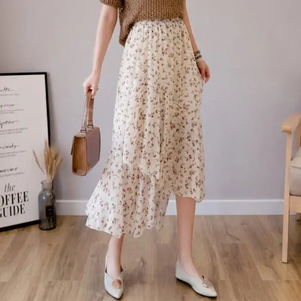 

Womens Elastic Waist Midi Chiffon faldas Summer Floral Print Pleated Skirt For Women Ladies faldas mujer moda 2019 DV868