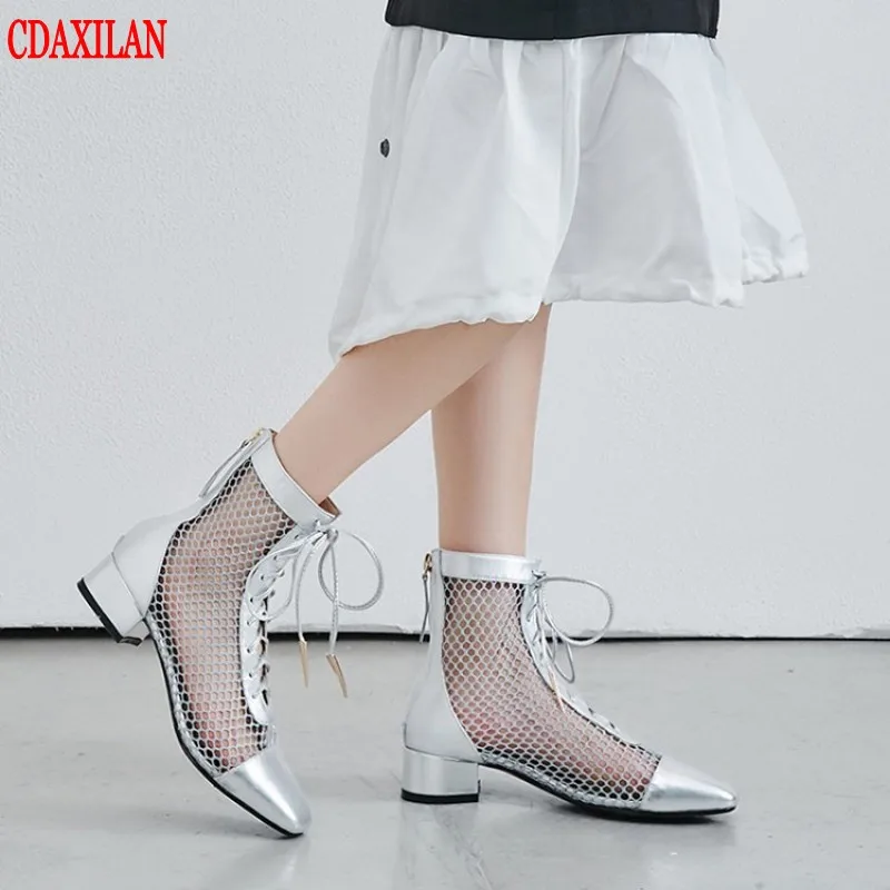 

CDAXILAN new to women's boots patent mesh stitck silver long short boots sheepskin with mesh made of motorcycle boots in autumn