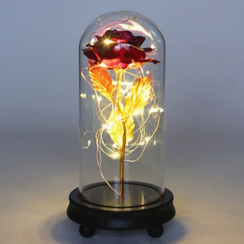 

Eternal Flower Immortal Flora With LED Light String In Glass Dome On Wooden Base The Best Valentine's Day Gift For Women Girl