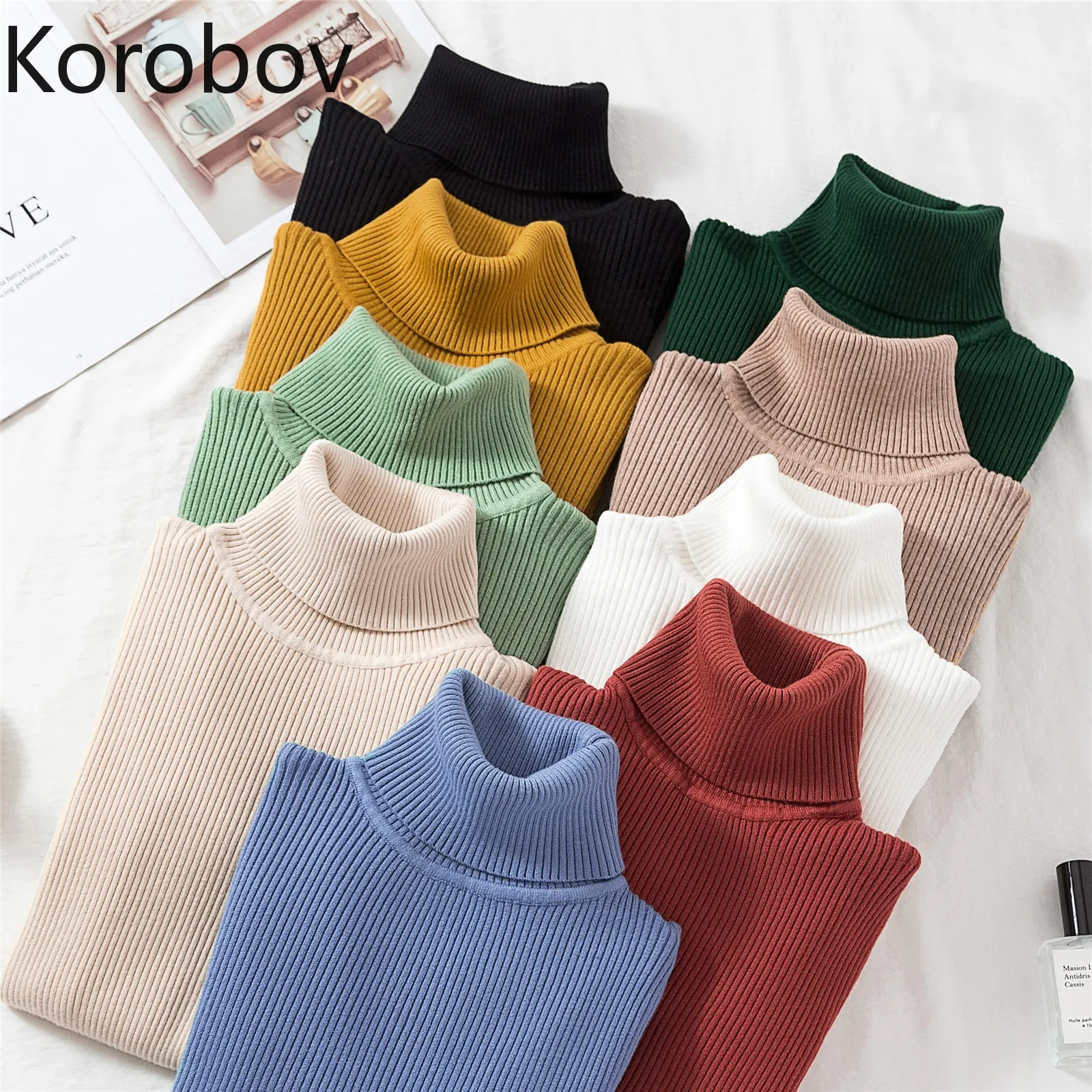 Korobov Women Winter Basic Long Sleeve Sweaters Korean Solid Turtleneck Knit Stretch Thin Pullovers Sueter Mujer 79343 | Женская одежда