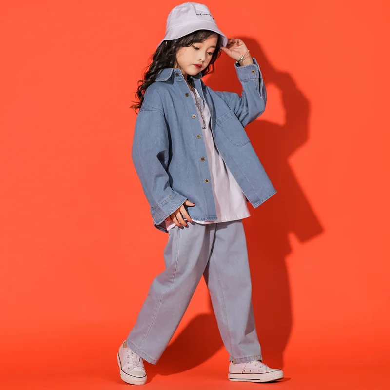 Kid Cool Denim Blue Jeans Jacket Coat White T Shirt Top Hip Hop Clothing for Girls Boys Jazz Dance Costume Ballroom Clothes Wear |