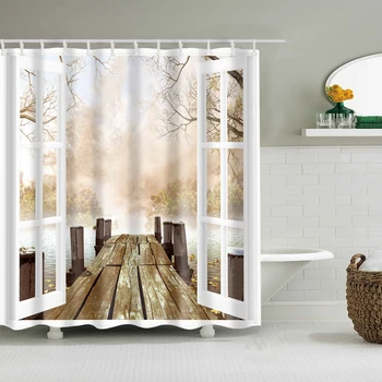 

Waterproof Thicken Autumn Wooden Bridge Out of Window Polyester Mildew Proof Bath Tub Shower Curtain with 12 pcs Hooks