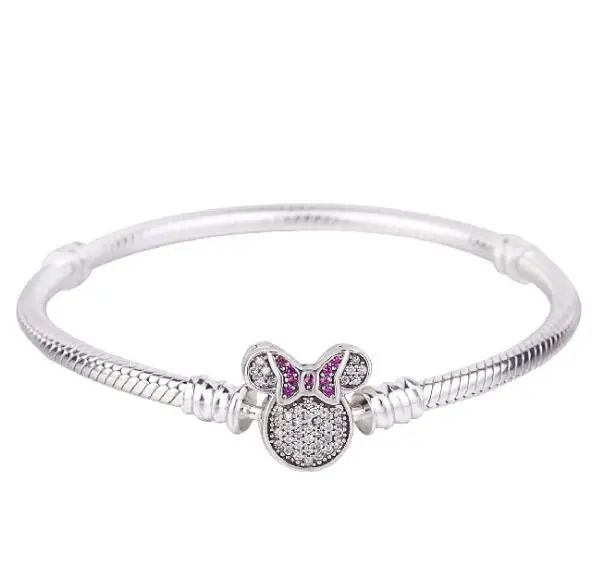 

Original 925 Sterling Silver Bangle Pave Minnie With Crystal Clip Stopper Bracelet Fit Women Bead Charm Fashion Jewelry