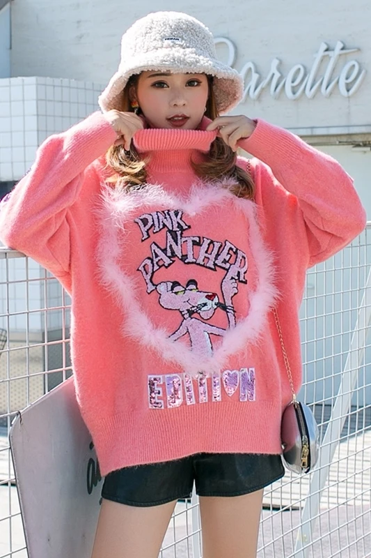 Тайская волна бренд высокий воротник теплый возраст мультфильм розовый свитер женский свободный блесток личности шикарный дикий свитер