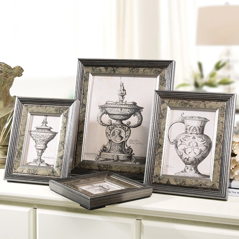 

Retro Pattern Crafts Picture Frame Office Table Art Frame For Family Photos Desktop Wooden Photo Frames Rectangle Album For Foto