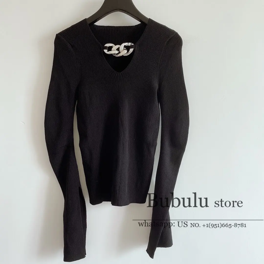 

luxury design 2020 Autumn European Fashion Slim-Fit Sexy V-neck Metal Chain Decorative Horn Sleeve knitted wool blended Sweater