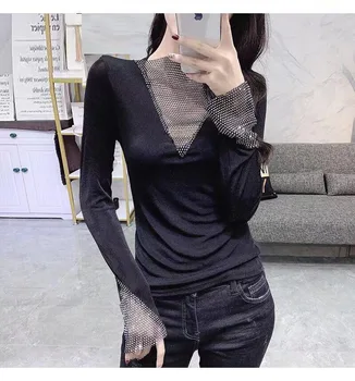

2020 Autumn New Round Neck Slim Women T Shirt Imitation Diamond Classical Color Hollow Out Female Tee Shirts Patchwork Pattern