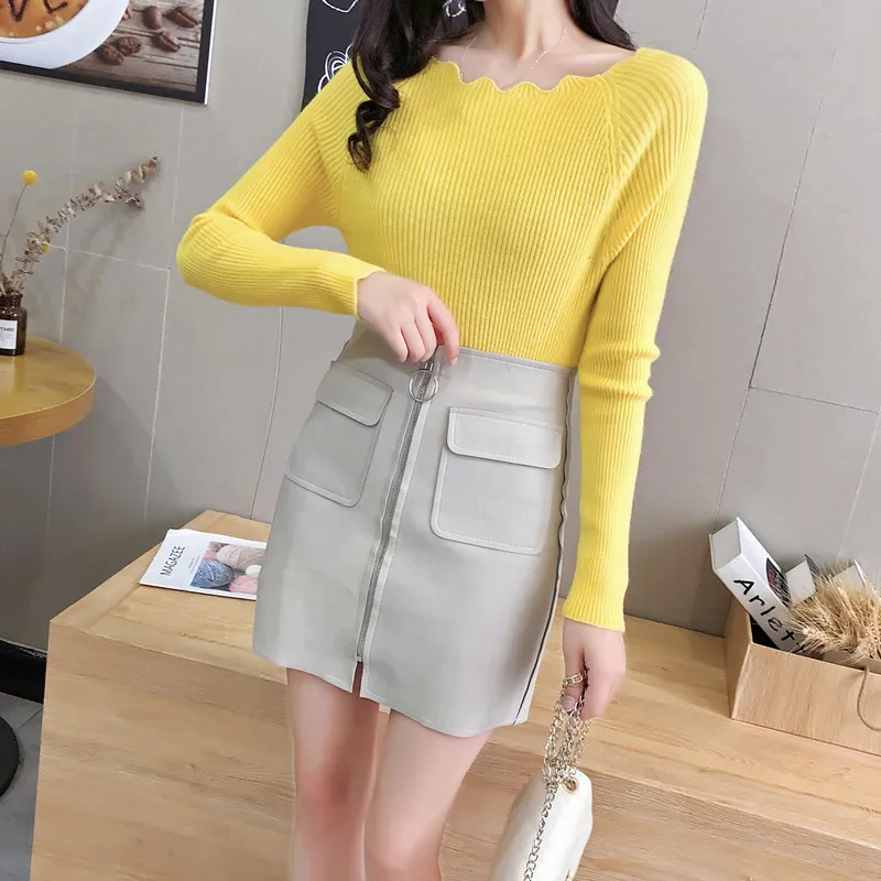 

2019 spring and autumn new Korean version of the wrapped chest Slim low-neck sweater pullover shirt women's long-sleeved tights