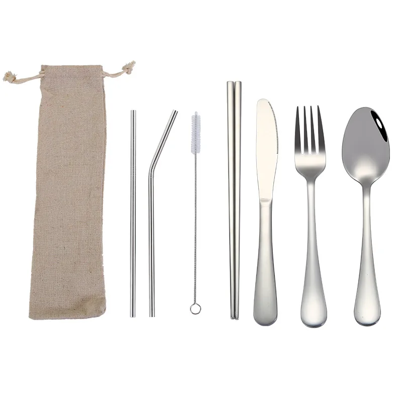 Набор посуды для путешествий, кемпинга, набор столовых приборов, многоразовая посуда из серебра, металлическая соломинка, ложка, вилка, палочки для еды и портативный чехол - Цвет: Silver B