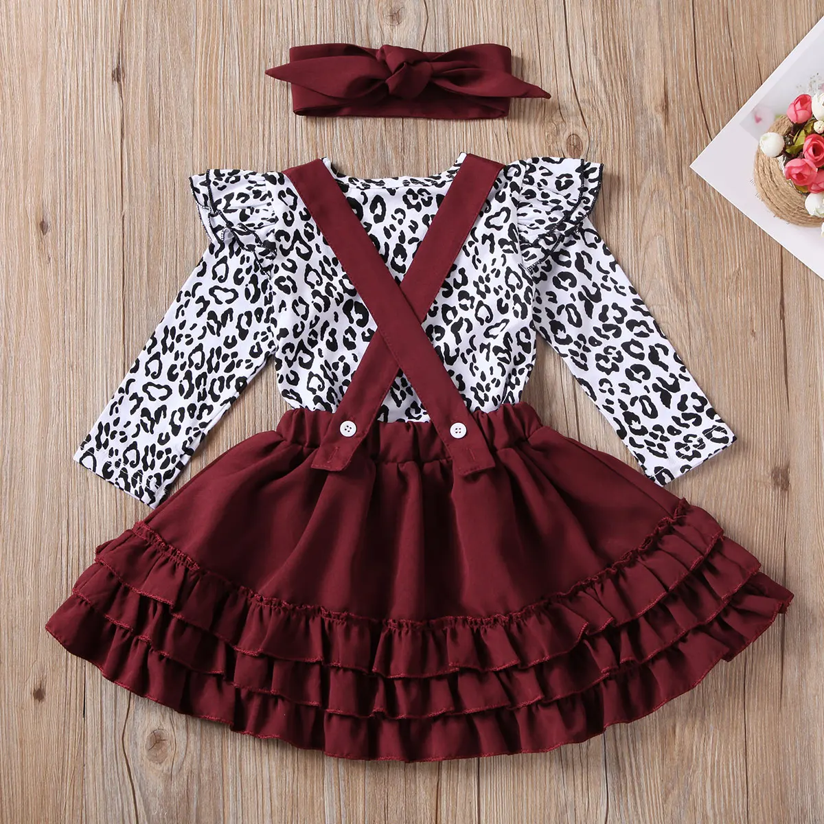 Baby Girl Leopard Set Autumn Long Sleeve Romper Ruffles Skirts Outfits 0-24M