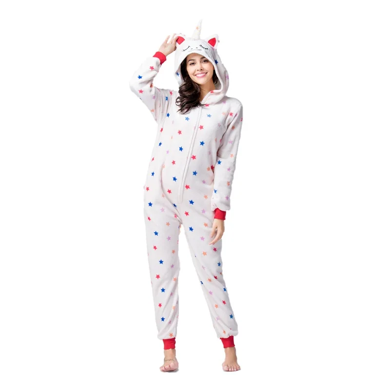 

2019 Unicorn Kugurumi Zipper Flannel Animal Onesie Women Girl Stars Print Cute Pajama Winter Warm Suit Cartoon Sleepwear Adult