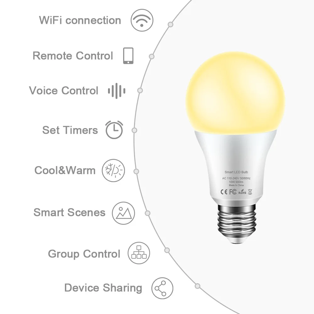 Tuya Smart Life Wifi умный светодиодный светильник лампа E27 10 Вт 900Lm 2700K 6500K холодный теплый белый светильник работать с Alexa Google Home IFTTT
