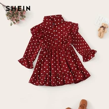 SHEIN Kiddie бордовый горошек для маленьких девочек милое платье Дети Осень Рукав-Волан юбка с оборками с завышенной талией подол короткие платья