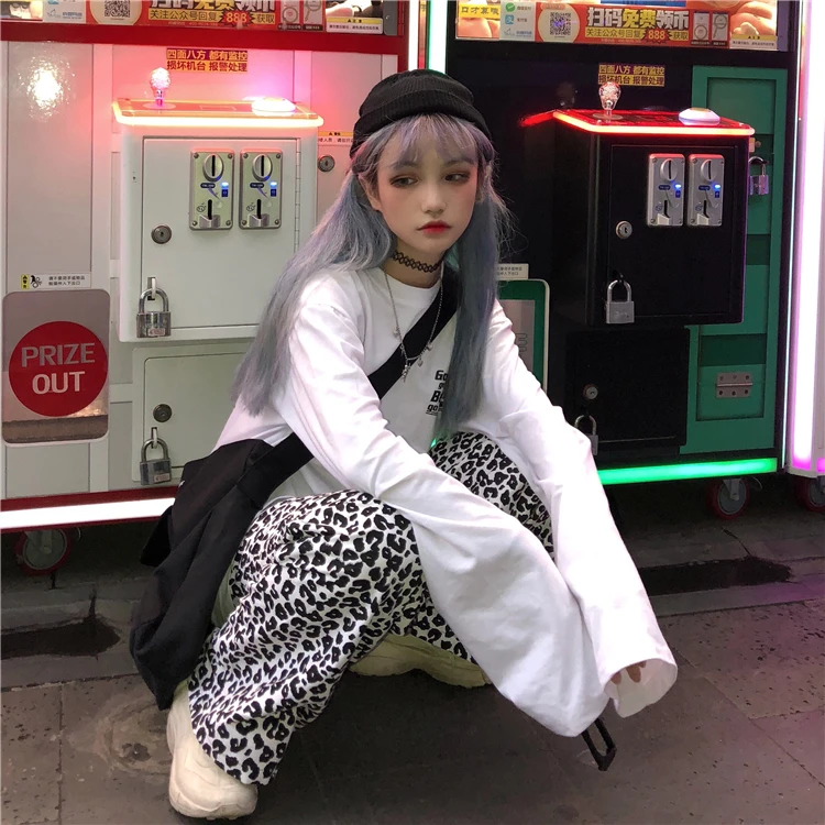 Новая женская Harajuku винтажная белая леопардовая эластичная резинка на талии широкие брюки женские уличная хип-хоп длинные брюки повседневные брюки