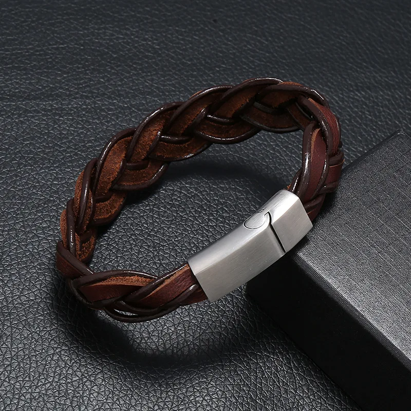 Дизайн ручной работы плетеный браслет из натуральной кожи и браслет для мужчин из нержавеющей стали модные браслеты подарки