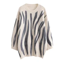 

2022 Fall Women Printed Loose Pullover Casual O-Neck Warm Knitted Sweater Vintage Batwing Long Sleeve Winter Jumper Tops Female