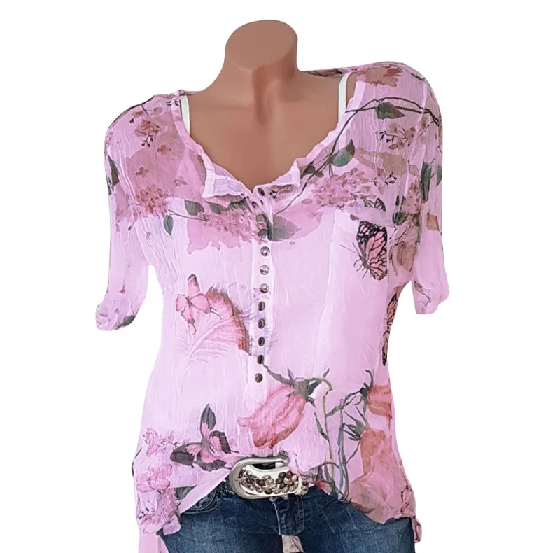 5XL, модные женские блузки, короткий рукав, Цветочная блузка,, кнопка, v-образный вырез, рубашка для девушек, рабочий Топ, Blusas Feminina Elegante размера плюс