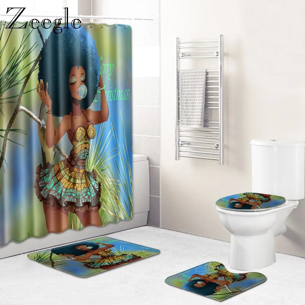 Zeegle Toilet Shower Curtain Set Creative Cartoon Anti-slip Bathroom Foot Rug Bathroom Decoration Floor Mat Water Absorption Rug