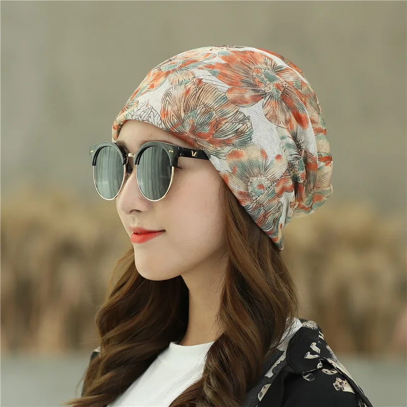 

1pcs Women's gorras Beanies Caps 2020 Summer cotton prints Splicing Sleeve cap Travel Headscarf Casual Ladies Skullies Hats