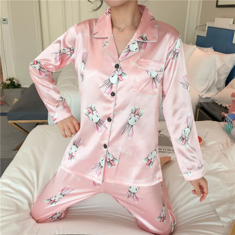 Caiyier Шелковый пижамный комплект милый Dumbo принт длинный рукав пижамы Осень Зима Повседневная одежда для сна Женская домашняя одежда m-xxl