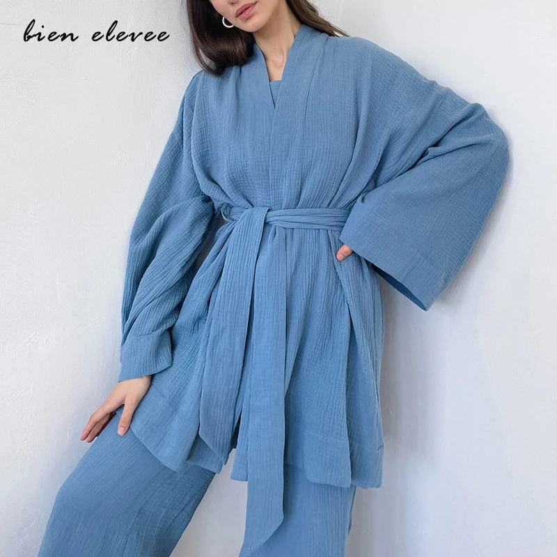 

Cotton Pajamas Women Sleepwear 100% Cotton Crepe Bathrobe Sets Autumn Winter Homewear 2PCS Japanese Style Kimono Home Service