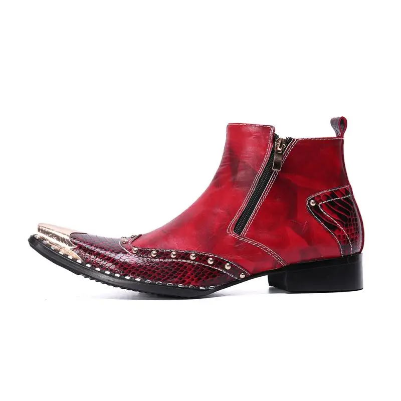 High Top Genuine Leather Men Shoes Chelsea Boots Metal Pointed Toe Zipper Ankle Boots Luxury Career Work Rock Punk Men's Boots