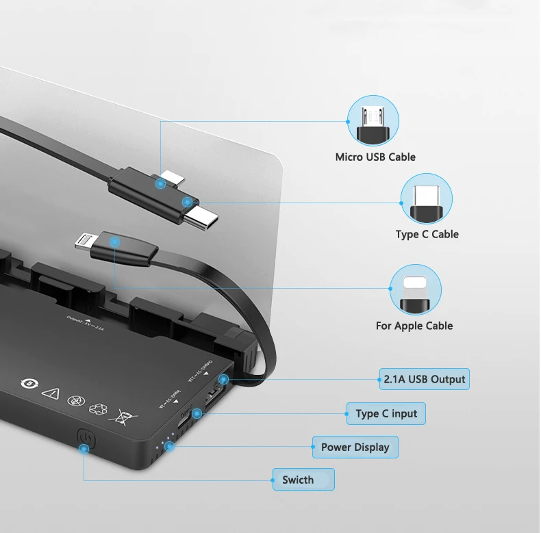 3 x 8000mAh Power Bank with USB Charger Station Fast Charging Powerbank Built in Cable Portable Charger Powerbank for All Phones usb c power bank