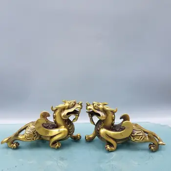 

Home Decor 7" Chinese Seikos Brass Long tail brave statue A pair Lei Zhenzi statue Poodle Implication Ward off evil spirits