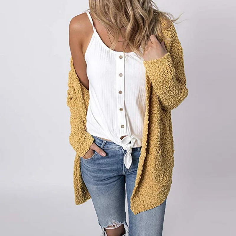 

CYSINCOS 2019 New Korean Style Woman Sweaters Sherpa Wool Side Slit Long Sleeve Open Stitch Knitted Outwear Loose Waist Jacket