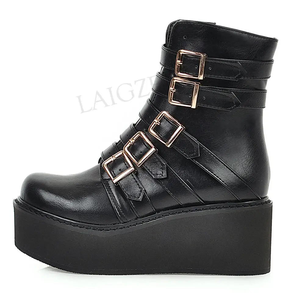 

LAIGZEM Women Platform Wedge Ankle Boots Side Zip Boots Punk Autumn Winter Height Increasing Shoes Zapatos Mujer Size 33 45 46