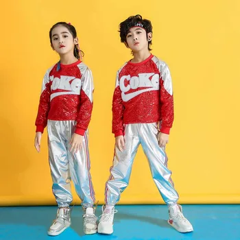 

2019 Children Jazz Dance Costumes Sequin Silver Performance Stage Wear Boys Modern Hip Hop Fashion Streetwear Clothing Set