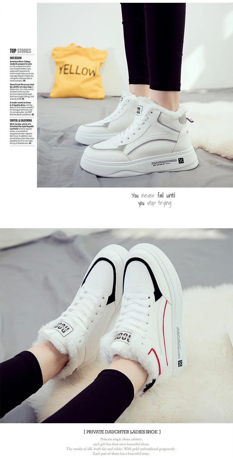 New Winter Platform Women Snow Boots Woman White Warm Plush Thick Bottom Sneakers High Top Flat PU Leather Casual Shoes