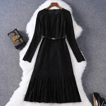 

2020 women's autumn wear new round neck long sleeve lace temperament mid-length casual fashion mid-length skirt solid color