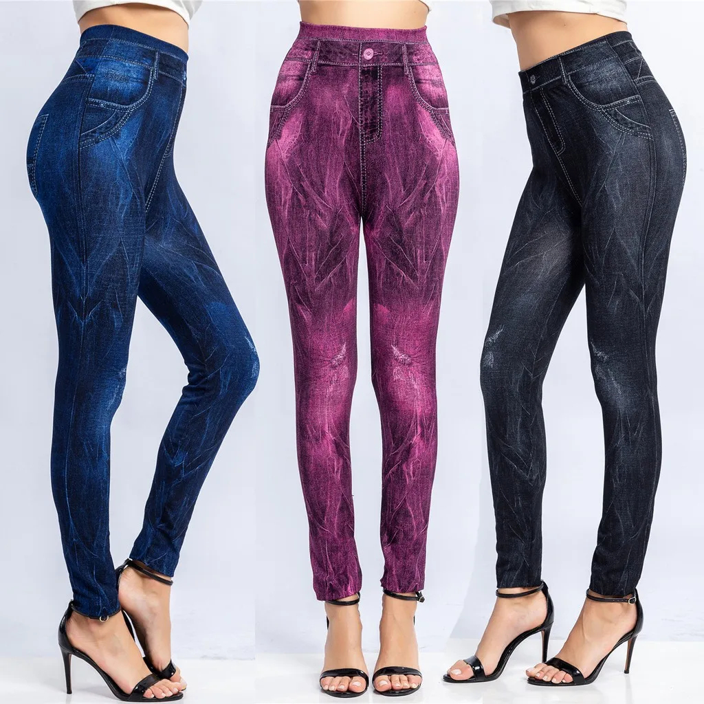 

Leggings Women Capris Trousers Fashion Lady Print Wet High Waist Imitation Cowboy Trouser Pants Skinny Spodnie Damskie Summer 4.