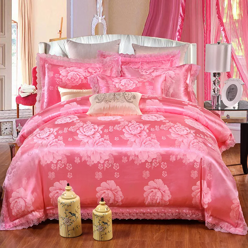 

SILIKOLOVE 4pcs/Set Satin Jacquard Pink Silk Luxury Bedding Sets Cotton Duvet Cover Set Bed Linen Linings Wedding Home Textile