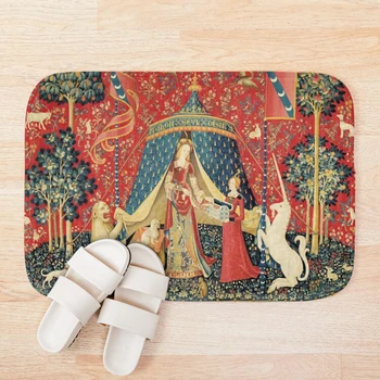 

LADY AND UNICORN DESIRE ,Lion,Fantasy Flowers,Animals,Red Green Floral Bath Mat