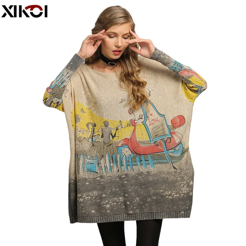

2021 New Romantic LOVE Story Print Knitted Sweater Women Oversized Pullover Autumn Pull Femme Long Sweater Dress Batwing Sleeve