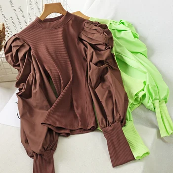

Korean women knitting sweater o neck puff sleeve plus size casual pullover female fashion clothes