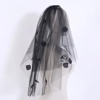 

Womens Romantic Halloween Day of the Dead Wedding Veil with Black Flower Petals