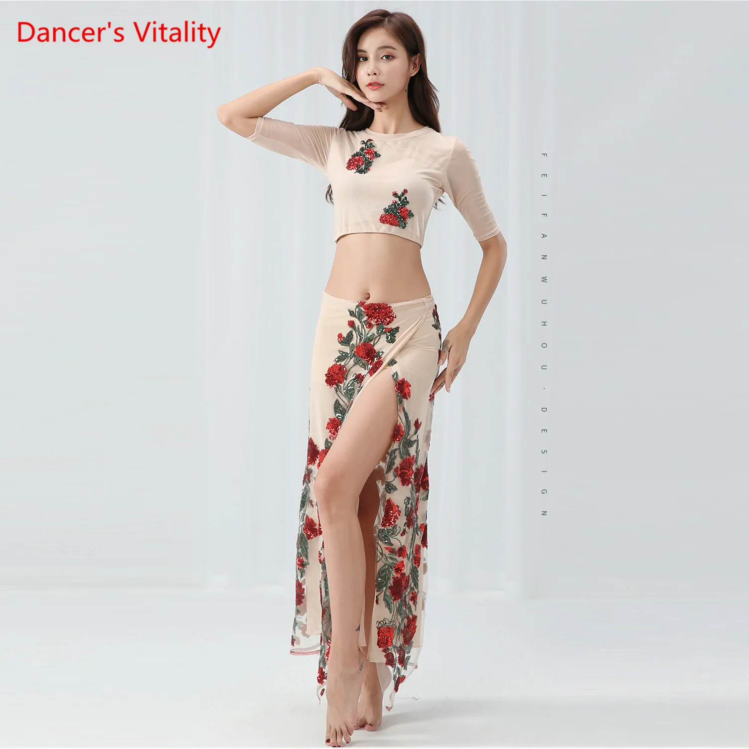 Сетчатый женский комплект одежды из 2 предметов для танца живота, топ с круглым вырезом, ассиметричная длинная юбка