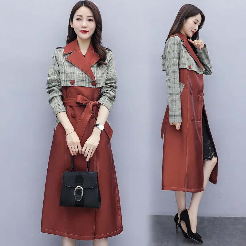 

2020 Spring And Autumn New Style Plaid Contrast Color Joint Lace-up Trench Coat Coat Mid-length Goddess-Style Europe And America