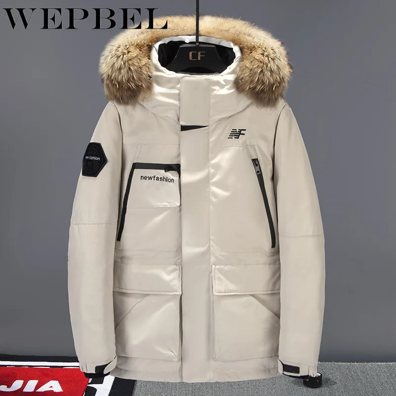 WEPBEL/Зимняя Теплая мужская куртка-пуховик на утином пуху; модная повседневная куртка с большим меховым воротником; Утепленные Пальто с капюшоном; Мужская парка