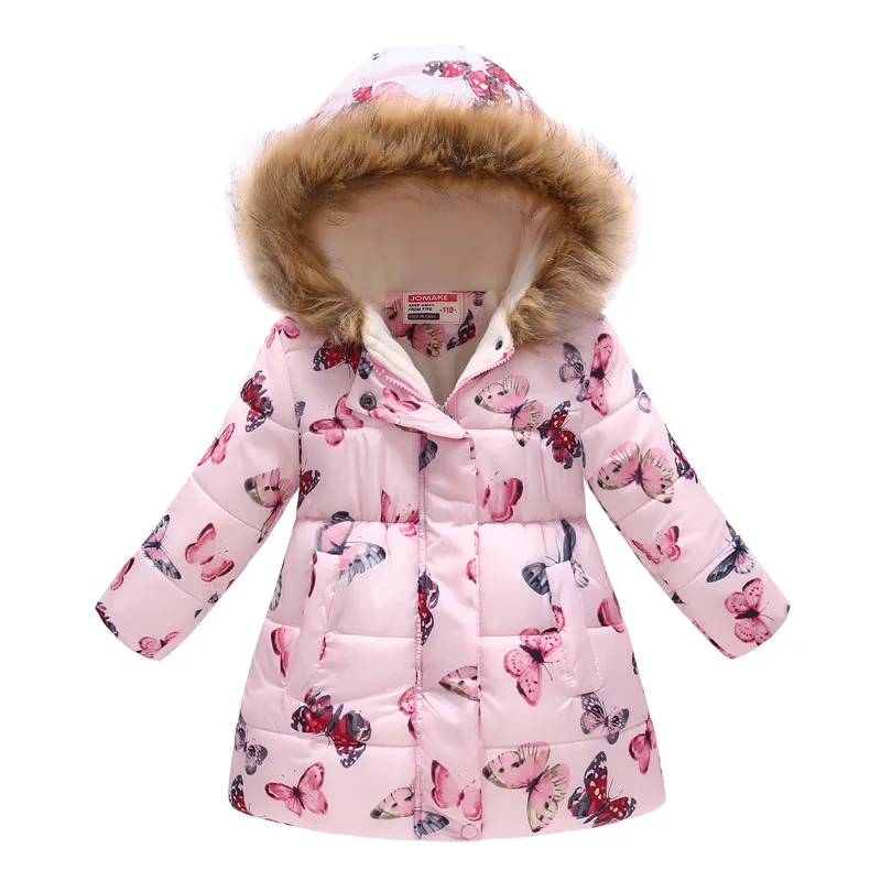 Теплые бархатные пуховики для девочек хлопковая куртка детская плотная верхняя одежда с принтом детская одежда осенне-зимнее пальто с капюшоном для девочек